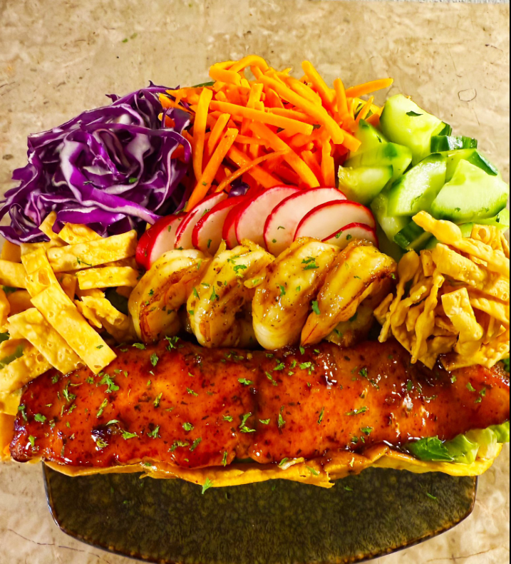 Specialty salmon and shrimp plate